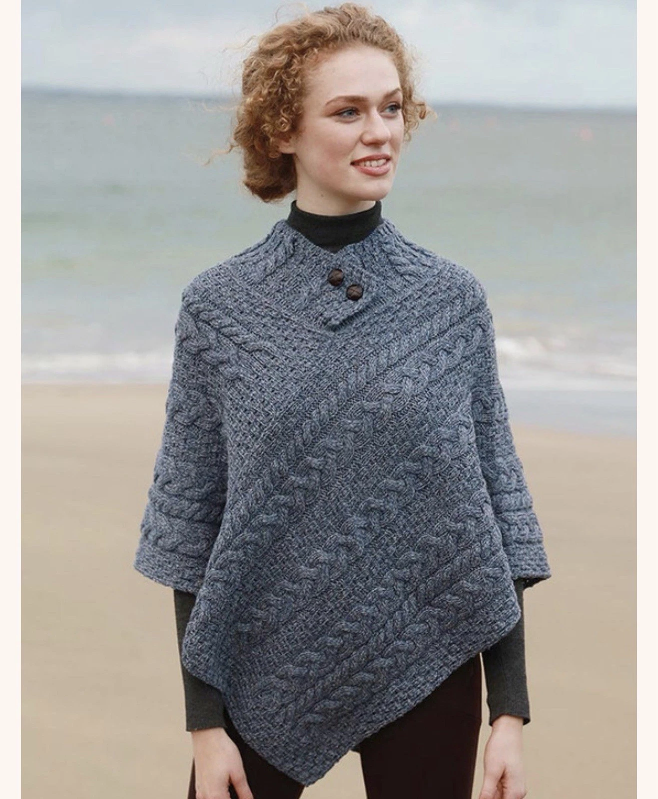 Aran Woollen Mills Women's Blue Cable-Knit Merino Wool Poncho Pullover V-Neck OS