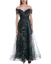 Rene Ruiz Draped A-Line Printed Organza Gown Women's Green 6