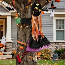 Crashing Witch Halloween Decoration   Flying Witch on Broom into Tree Outd