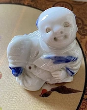 Antique Japanese Hirado Porcelain Okimono Statue Karako Man holding Fan 3” Tall