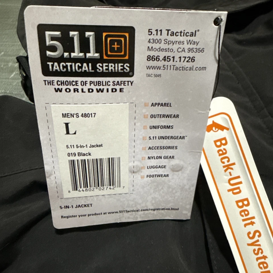 NWT 5.11 Tactical Jacket 5-in-1 Black Mens Large 48017 Insulated Waterproof ID - Image 3 of 4
