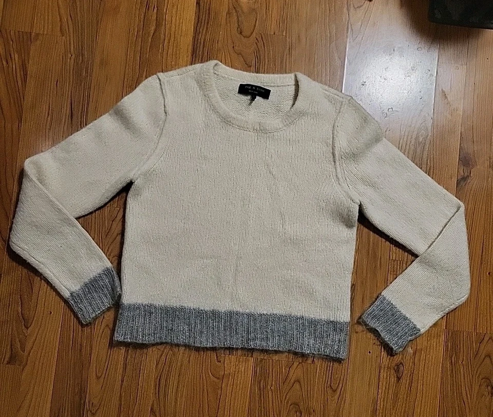 Suéter de diseño Rag & Bone gris crema alpaca mohair mezcla lana talla Lg Foto 2 de 4