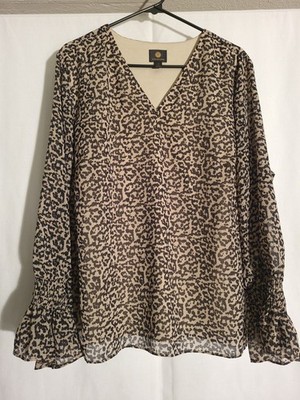 JM Collection-Black Brown Tan Cheetah Print Long Sleeve Vneck Lined Top-2X