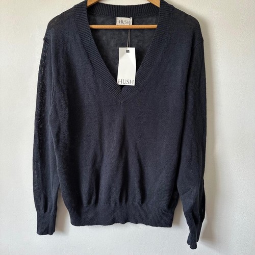 Hush marineblauer Pullover Leinenmischung V-Ausschnitt Tintenfass neu mit Etikett Medium UK 10–12 UVP £80