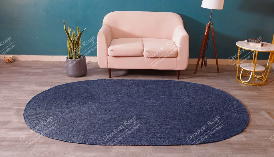 Alfombra de yute natural india trenzada a mano azul marino forma ovalada alfombra de porche vintage Foto 2 de 4