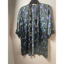Vintage Victoria s Secret Satin Robe Large Black Purple Rose Paisley Belted