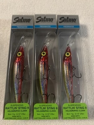 (LOT OF 3) SALMO RATTLIN' STING 9 SUSPENDING 2/5oz. HOLOGRAPHIC CLOWN NIP