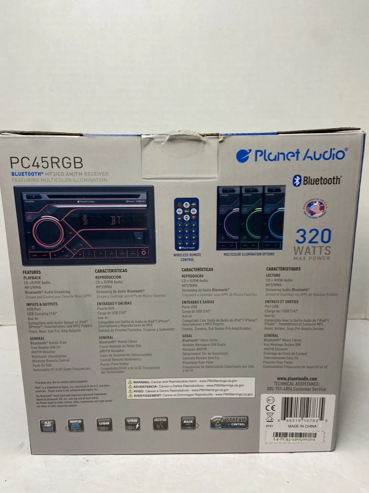 Planet Audio PC45RGB BLUETOOTH® MP3/CD AM/FM RECEIVER 320 WATTS NEW OPEN BOX - Image 3 of 4