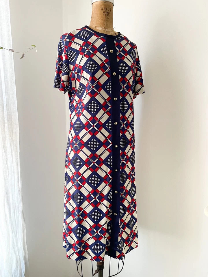 Vintage ‘60s 1970’s Soft Tricot Nylon Dress Red White & Blue Graphic Print S - Image 3 of 4