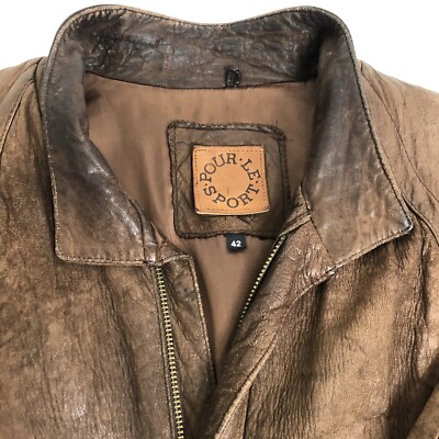 Pour Le Sport Mens Rustic Brown Vintage Leather Flight Bomber Jacket Size 42