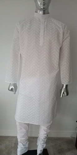 Men's White Indian kurta pyjama kameez in Cotton Causal Asian wear-yoga outfit - Picture 2 of 4