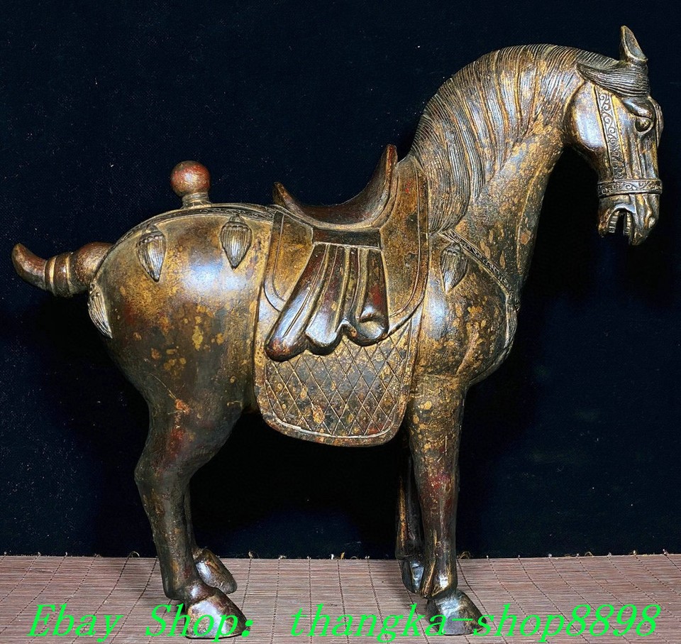 14.3"Old China Tang Dynasty Bronze Gilt Fengshui 12 Zodiac Year Horse