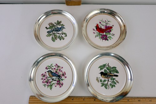 Vtg Set of 4 Sheridan Taunton Silversmiths Song Bird Painted Porcelain Coasters