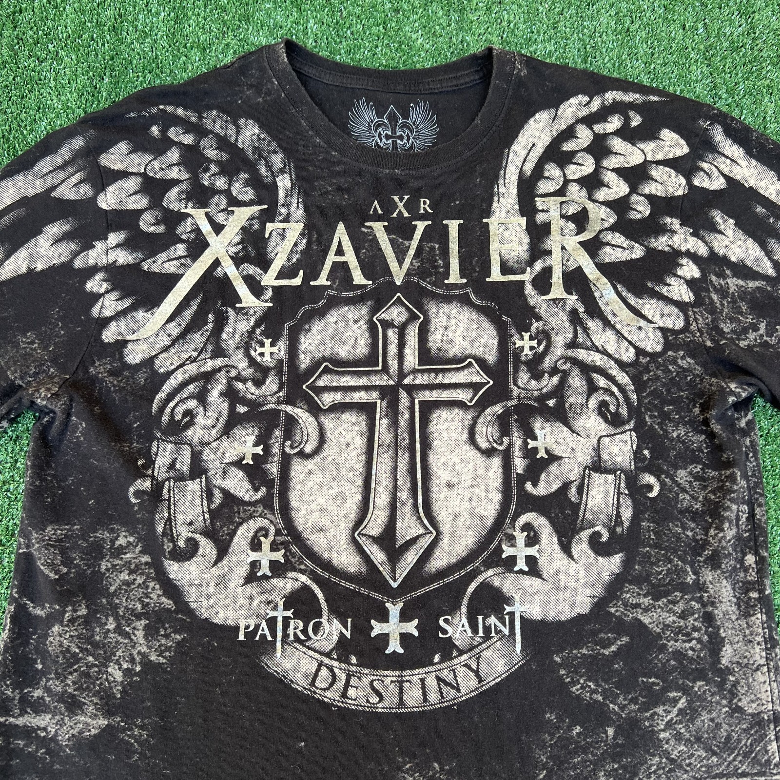 Men's Y2K Xzavier Black AOP Angel Wings Cross Aff… - image 2