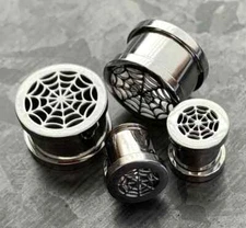 PAIR Spider Web Steel Tunnels Spiderweb Ear Plugs Earlets Gauges