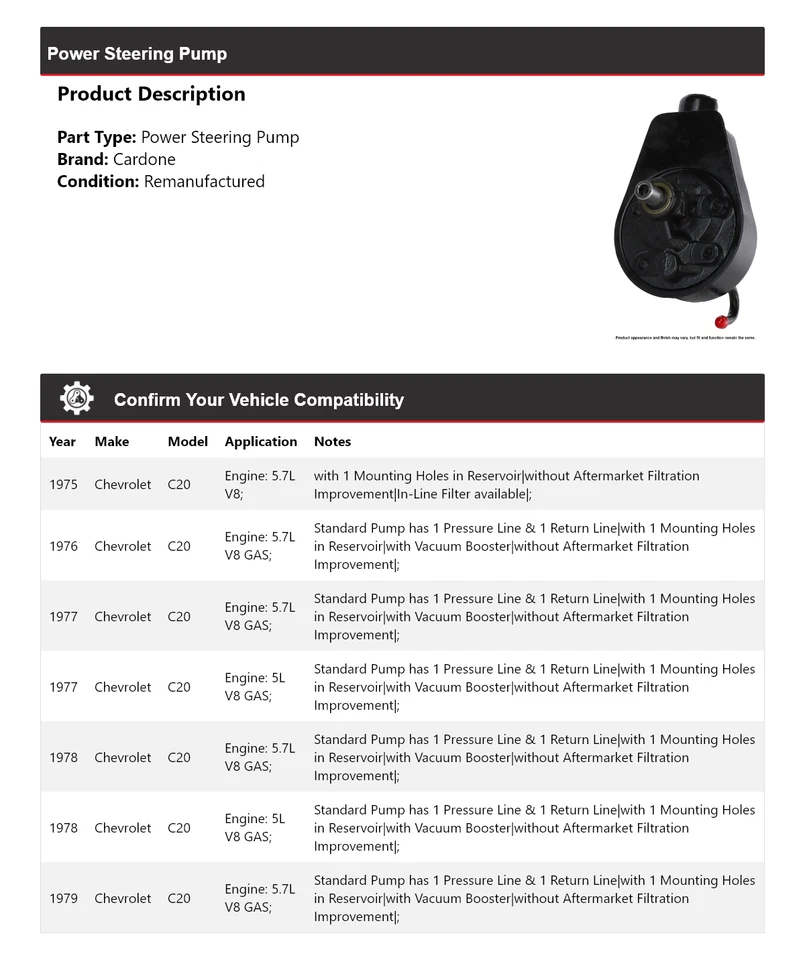 Bomba de dirección asistida Cardone 1976 1977 1978 para Chevrolet C20 1975-1979 Foto 2 de 4