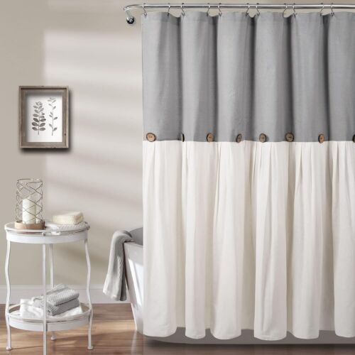 New- Linen Button Shower Curtain, 72" W x 84" L, Gray & Off White