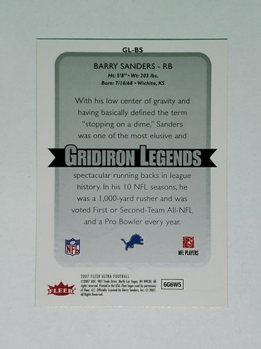 Barry Sanders 2007 Fleer Ultra #GL-BS Gridiron Legends Insert - Detroit Lions - Picture 2 of 2