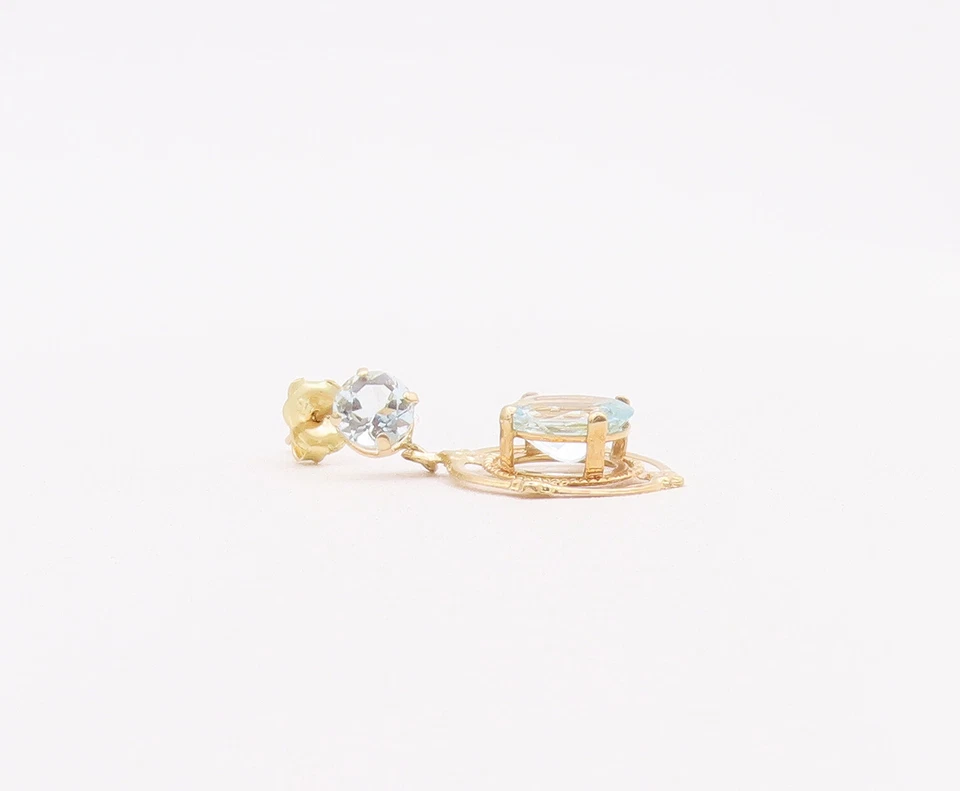 Pendientes colgantes redondos y ovalados de topacio azul con borde GE228 ORO 14K vintage Foto 4 de 4