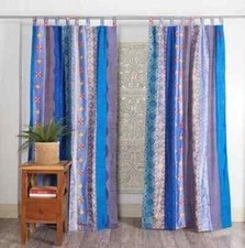 2 Pcs Vintage Silk Saree Bohemian Curtain Patchwork Door Drape Window Curtain