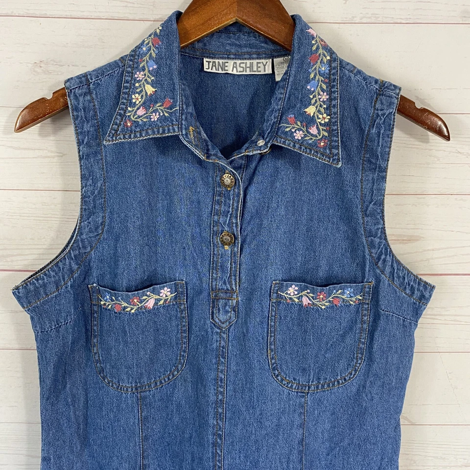 Vintage Jane Ashley Embroidered Maxi Denim Tank Dress M Blue Cotton Vent - Image 2 of 4