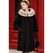 60s Vintage Black Curly Lamb Coat Silver Mink Collar Lusterlamb Swing Coat - XXL