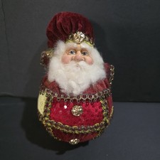 Santa Clause Ball Ornament Velvet Vtg Embellished Piping Ornate Wreath Decor