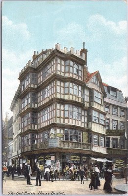 Bristol Vintage Postkarte altes niederländisches Haus Geschäfte Menschen Gloucestershire England 2. Weltkrieg