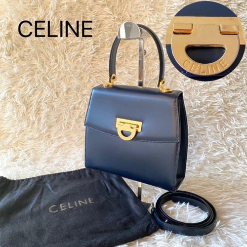 Authentic CELINE Vintage Navy Blue Leather Top Handle Bag Gold Gancini Clasp