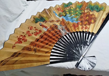 Chinese Collectible Art Fan Green, Red, Blue, Brown on Gold Background w Peacock