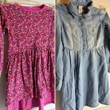 Lot 2 Girls Dresses Sz 6 Cranberry Print Cotton  Blue Lyocell Long Sleeve Used
