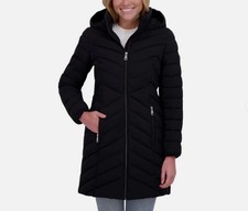 DKNY Women s Hooded Stretch Walker Coat Black L