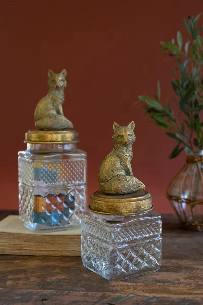 Antique Style Fox Canister Set of 2 Metal and Glass Jars