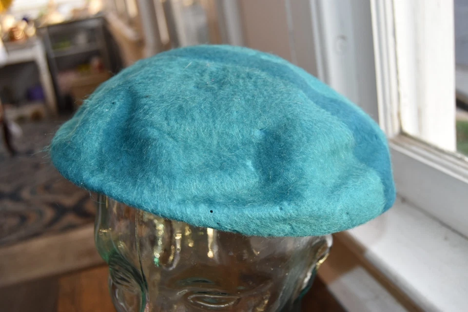 复古 20 世纪 50 年代或 60 年代 Union Made Teal Beret 风格帽子 6.5 码 — 第 2/4 张图片
