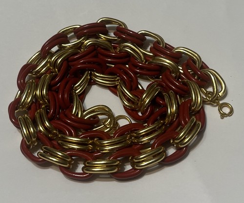 Gold Tone & Red Lucite Double Link Necklace 24 Inch - Picture 2 of 2