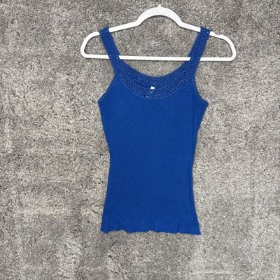 Y2K Tank Top Crochet Trim Blue Medium Ribbed Scoop Neck Fairy Cami Hippie