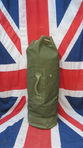 1953 Korean War British Military Uniform Green Canvas Sausage Kit Bag Vintage