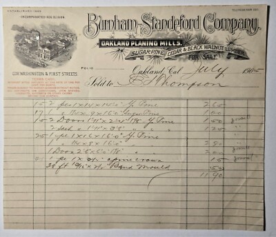 OAKLAND CALIFORNIA 1905 Burnham Mill BLACK WALNUT Lumber Illustrated Billhead