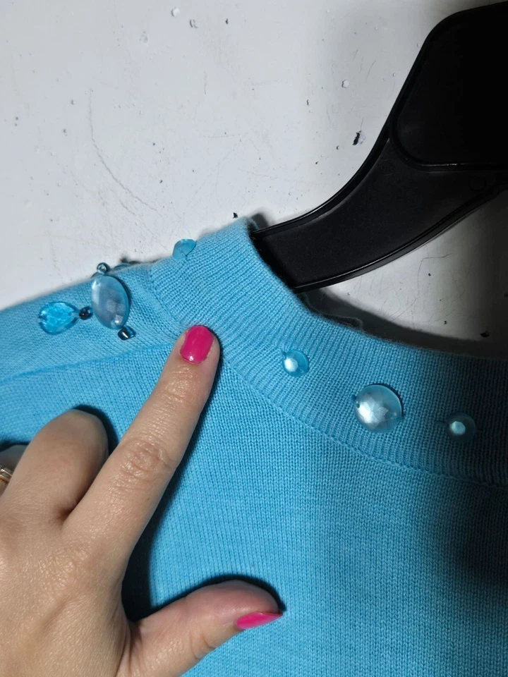 Quacker Factory Womens Blue Beaded V-Neck Sweater Plus Size 1X Embellished Boho - Image 3 of 4