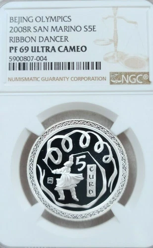 2008 SAN MARINO SILVER 5 EUROS RIBBON DANCER NGC PF 69 ULTRA CAMEO TOP POP