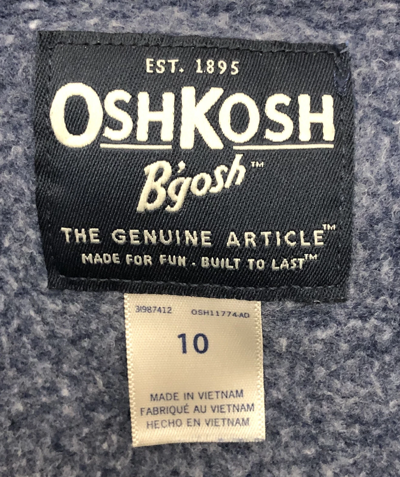 VETEMENTS Felpa giacca OshKosh B'Gosh ragazzo 10 full zip Spellout blu navy foderata in pile