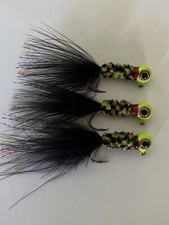 Hand tied Crappie jigs 1/16 Rayon variegated chenille black and yellow