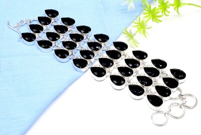 925 Sterling Silver Black Spnel Gemstone Handmade Jewelry Bracelet Size-7-8