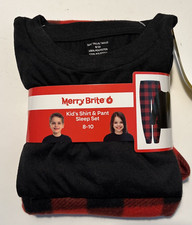Merry Brite Kid's Black Shirt  Plaid Fleece Pant Sleep Set- Size 8-10 NEW