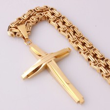 Men Stainless Steel Gold Byzantine chain Necklace With Cross Pendant Bracelet