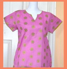Pink Color Cotton Tunic Top Kurti with Golden Flower Block Print All Over