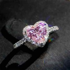 Shiny Pink Heart Shape Zirconia Silver Plated Ring Engagement Wedding Women