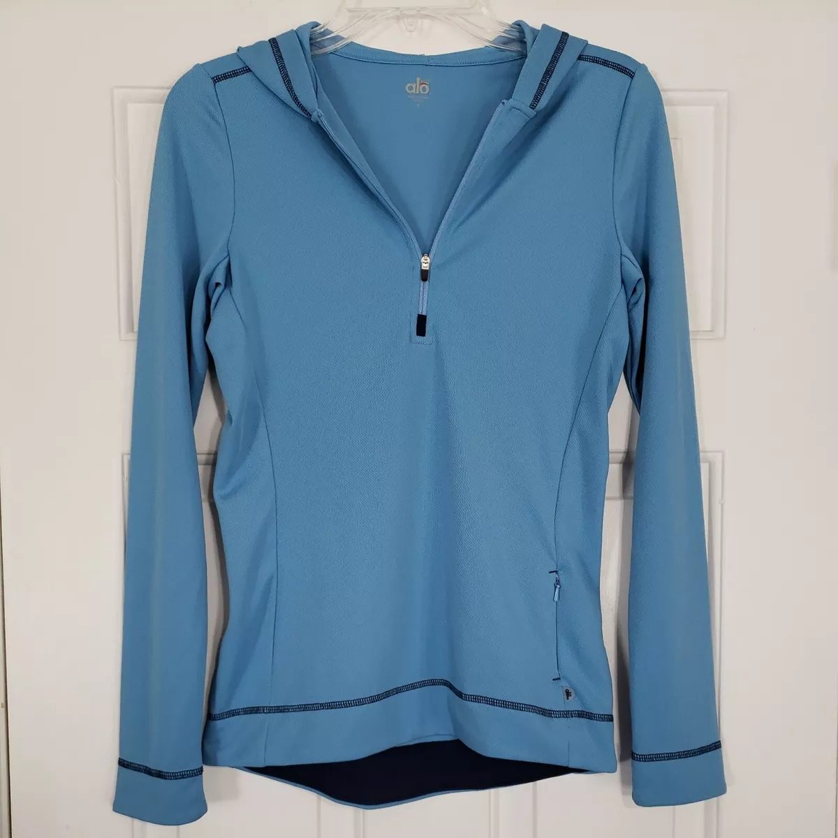 Alo Yoga Small Hoodie Womens Blue 1/4 Zip Coolfit Cool Fit Hooded  Lightweight