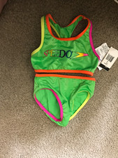 New Little Girls sz 4 Speedo 2 pc Racerback swimsuit Bright Green w accent color
