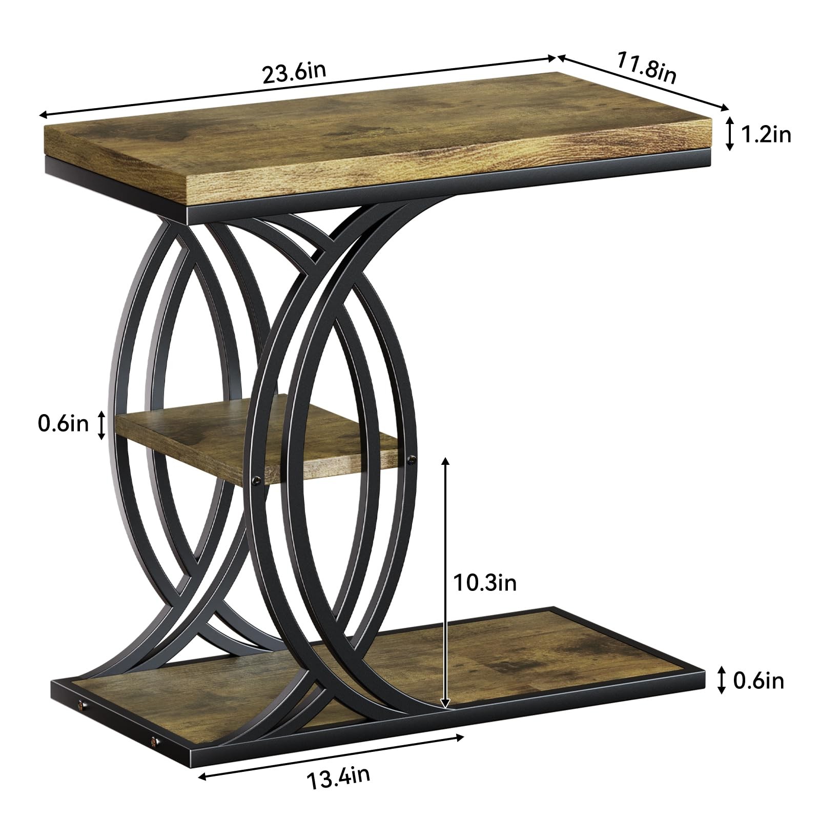 Shaped End Table, Bed Side Table, 3-Tier Side Table with Metal Frame, Wood En...